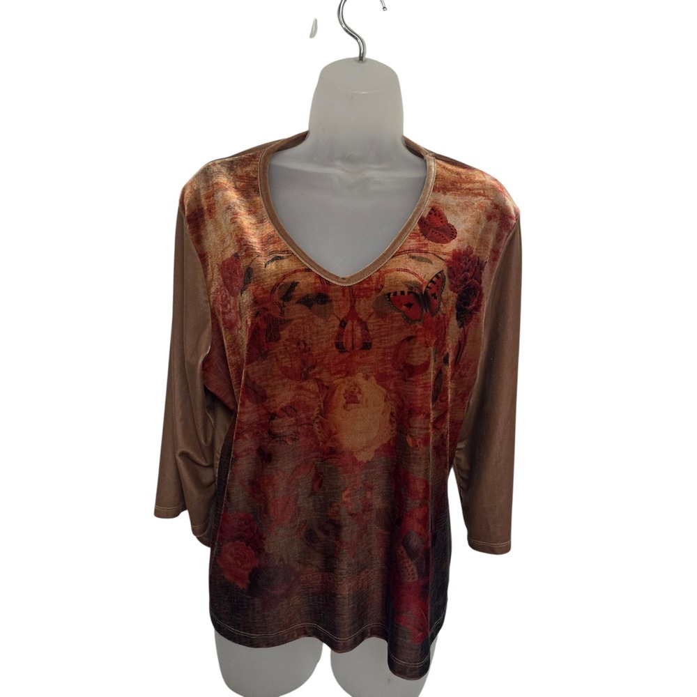 DB Sport Women Brown Velvet V-Neck Top Floral Butterfly Graphic 3/4 Sleeve XL